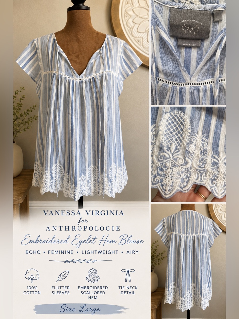 Vanessa Virginia Anthropologie Blue White Striped Embroidered Hem Eyelet Boho L